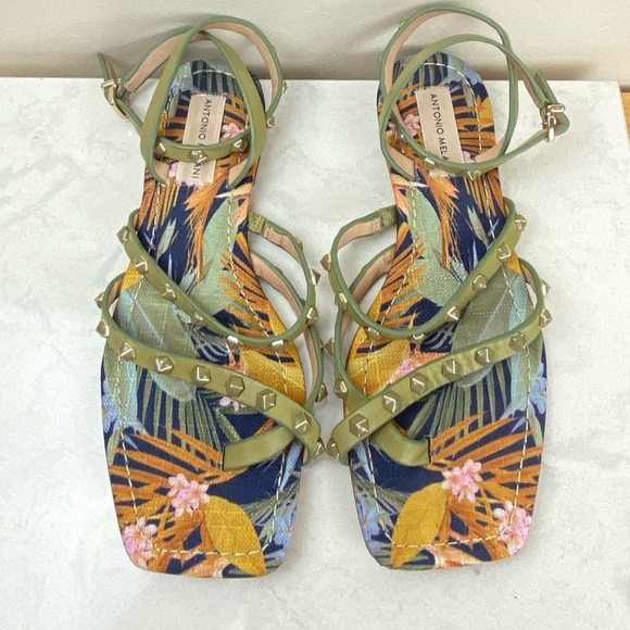 ANTONIO MELANI STAPPY STUDDED LEATHER TROPICAL GLADIATOR SANDALS - Picture 7 of 9